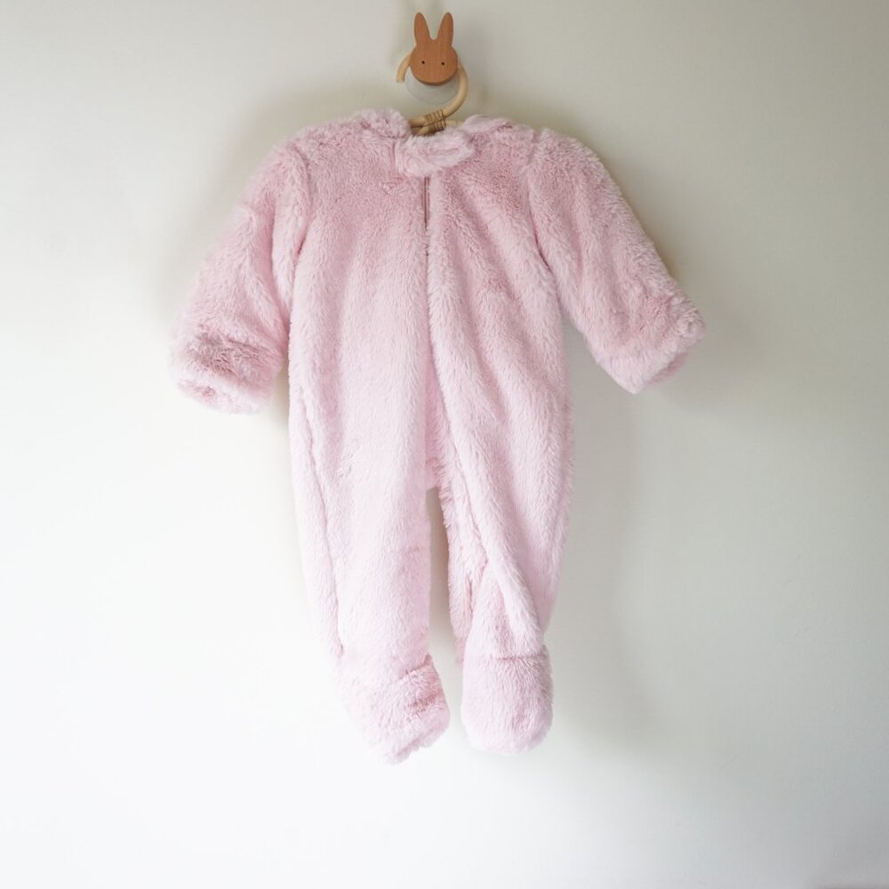 Mudpie Plush Faux Fur‎ Pink Hooded One-Piece Footed Pram Suit Baby 3-6m
